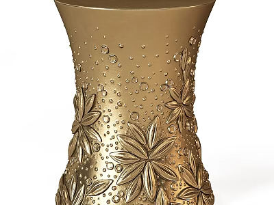 Elegant Dining Table Showcasing Golden Vase With Intricate Floral Patterns And Bubble Decorations 3d model