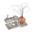 Modern Decorative Ornament Set Including Amber Vase Twigs Stacked Books Candles Tray and Glass Beads