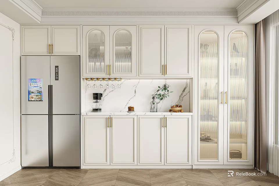 Modern White Kitchen Interior With Glass Door Wine Cabinet Marble Countertop And Cabinets 3d model 