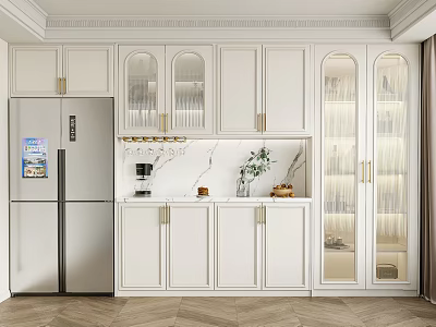 Modern White Kitchen Interior With Glass Door Wine Cabinet Marble Countertop And Cabinets 3d model