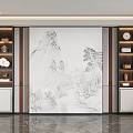Elegant Modern Decorative Cabinet With Mountain Landscape Mural And Ceramic Ornaments
