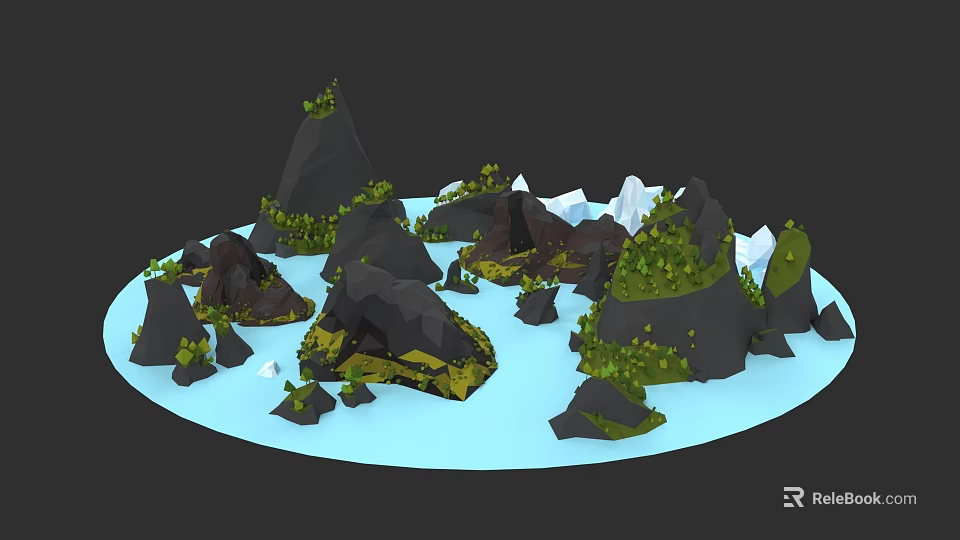 Stylized Micro Terrain Model Featuring Rocks Green Vegetation And Water Surface 3d model