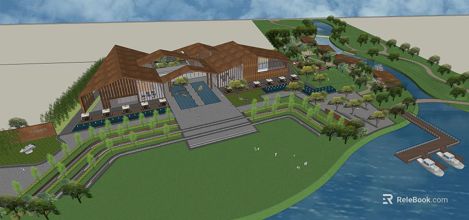 Modern Architectural Building With Scenic Waterfront Lush Greenery Swimming Pool And Steps 3d model 