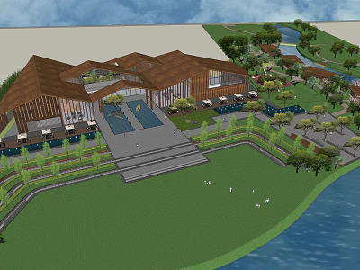 Modern Architectural Building With Scenic Waterfront Lush Greenery Swimming Pool And Steps 3d model