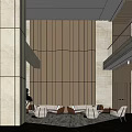 Modern Hotel Lobby With Marble Walls Front Desk Revolving Door And Floor to Ceiling Windows
