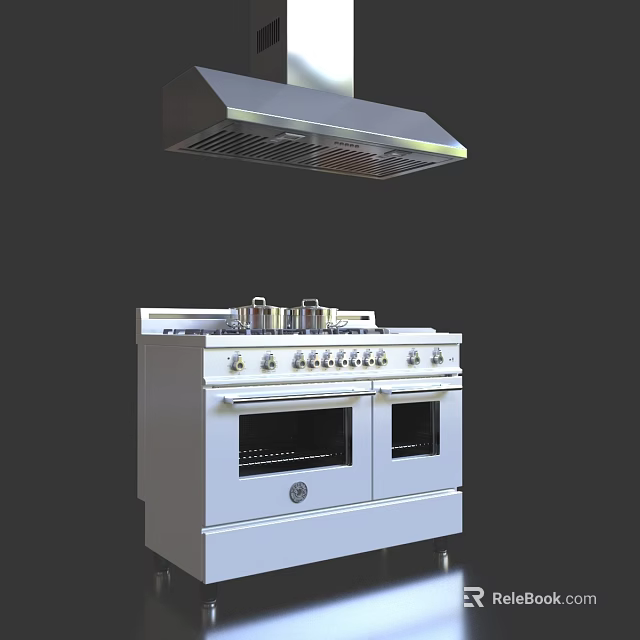 White Double Oven Gas Stove With Range Hood For Modern Kitchen Appliances 3d model 