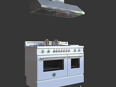 White Double Oven Gas Stove With Range Hood For Modern Kitchen Appliances 3d model