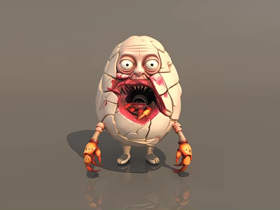 Cracked Egg Shaped Creature With Big Eyes Open Mouth Red Interior And Orange Limbs 3d model