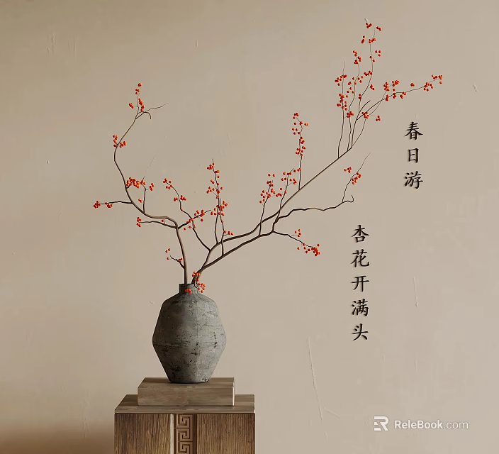 Spring apricot blossoms on branches in gray ceramic vase with red flowers 3d model 