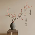 Spring apricot blossoms on branches in gray ceramic vase with red flowers