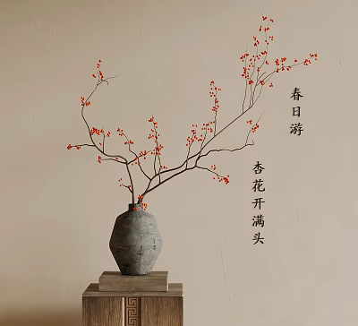 Spring apricot blossoms on branches in gray ceramic vase with red flowers 3d model