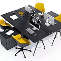Modern Office Desk Setup With Yellow Chairs Computers And Decorative Items 3d model