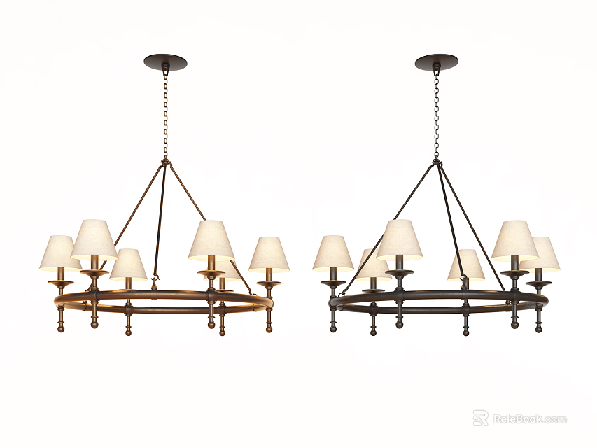 Elegant Gold and Black Chandelier with Multiple White Lamp Shades Classic Design 3d model 