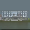 Modern Multi Storey Office Building With Glass Facade Waterfront Greenery And Parked Cars