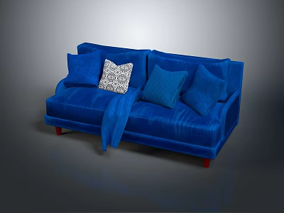 Blue Velvet Two Seater Sofa With Patterned Pillow Throw Blanket And Red Legs 3d model