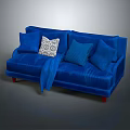 Blue Velvet Two Seater Sofa With Patterned Pillow Throw Blanket And Red Legs