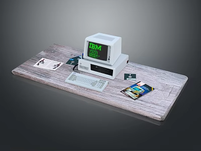 Vintage IBM Computer Setup With Keyboard Floppy Disks And Papers On Wooden Desk 3d model