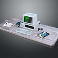 Vintage IBM Computer Setup With Keyboard Floppy Disks And Papers On Wooden Desk