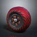 Stylish Red And Black Tire Featuring Wavy Pattern And Orange Spokes Hub Design