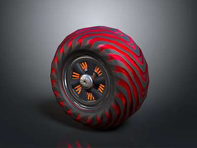 Stylish Red And Black Tire Featuring Wavy Pattern And Orange Spokes Hub Design 3d model