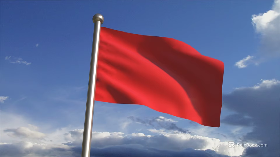 Red Flag Waving In Clear Blue Sky With White Clouds Background 3d model