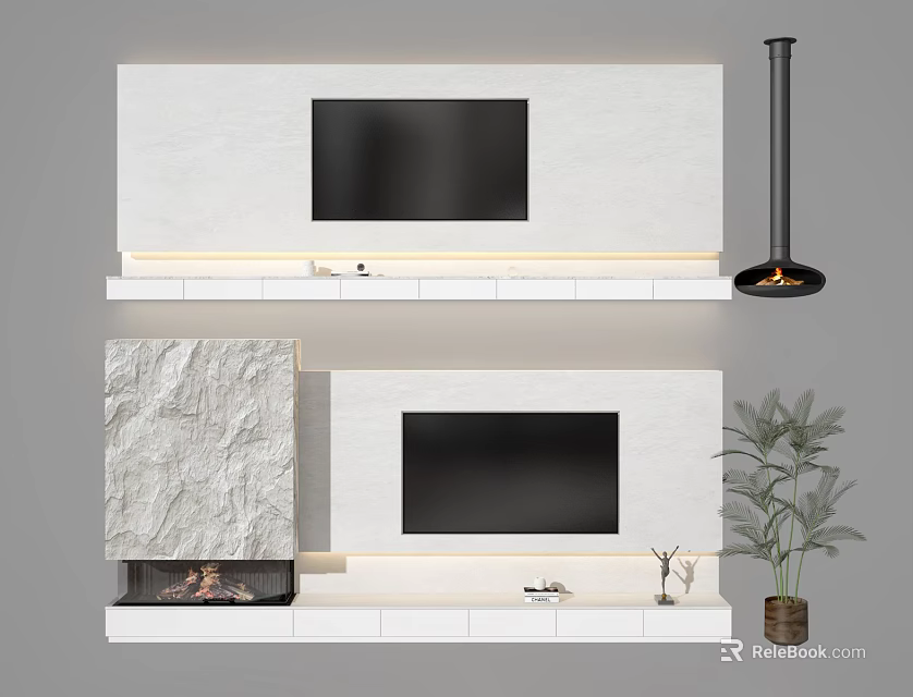 Modern TV Background Wall Design With Stone Texture Panel Fireplace And LED Light Strips 3d model