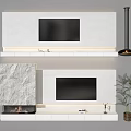 Modern TV Background Wall Design With Stone Texture Panel Fireplace And LED Light Strips 3d model