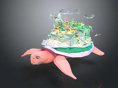 Cartoon Scene Featuring Pink Turtle Carrying Island With Green Plants Little Figures and Clouds 3d model