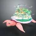 Cartoon Scene Featuring Pink Turtle Carrying Island With Green Plants Little Figures and Clouds