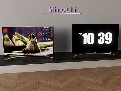 Two Minotli TVs Displaying Zongzi Calendar And Time 1039 On Black Stand Against Gray Wall 3d model