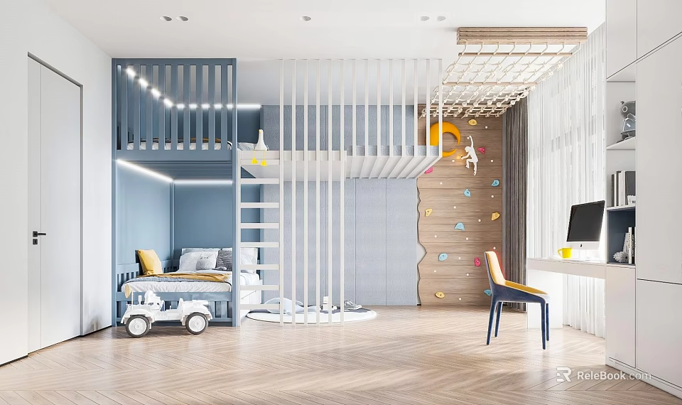 Bright Blue And White Kids Room Interior With Bunk Bed Climbing Wall And Ladder 3d model 