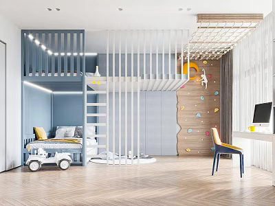 Bright Blue And White Kids Room Interior With Bunk Bed Climbing Wall And Ladder 3d model
