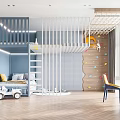 Bright Blue And White Kids Room Interior With Bunk Bed Climbing Wall And Ladder