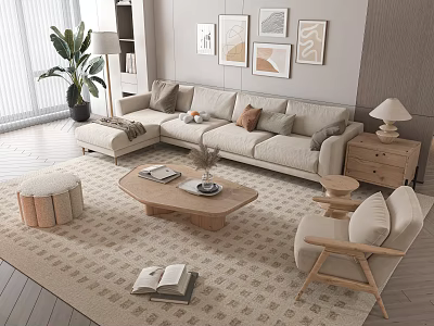 Modern Beige Sofa With Wooden Coffee Table Set Ottoman Rug And Wall Art 3d model