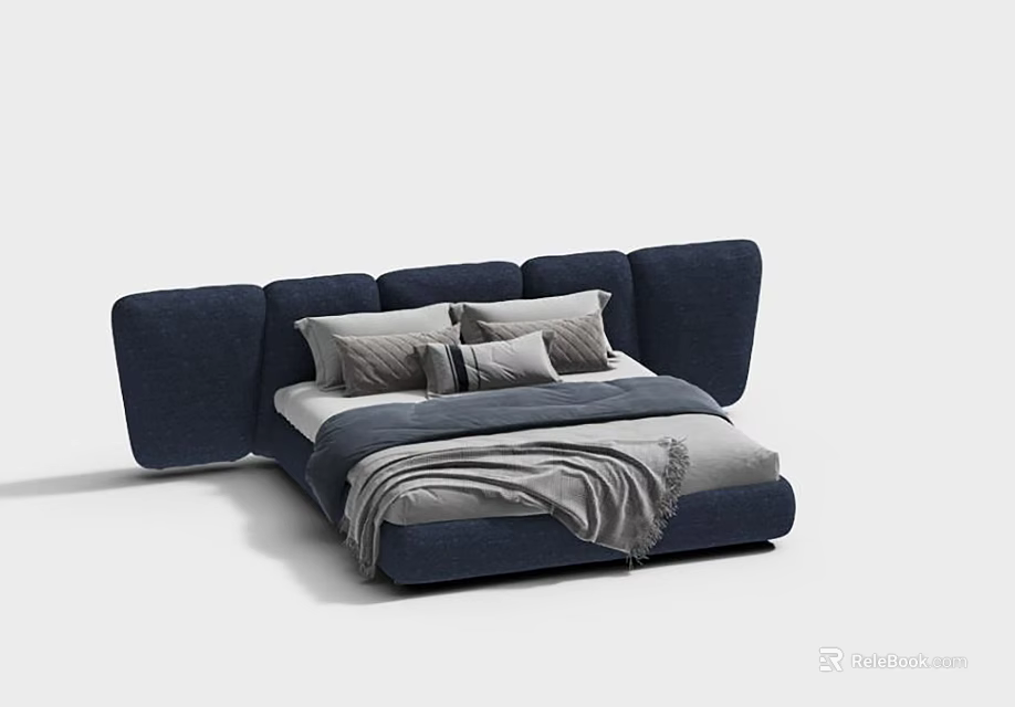 Navy Blue Double Bed With Wingback Headboard Gray Pillows Blanket And Light Sheets 3d model