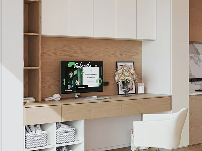 Modern Home Office Interior With Wooden Desk Computer Monitor Flowers And White Chair 3d model