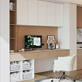 Modern Home Office Interior With Wooden Desk Computer Monitor Flowers And White Chair