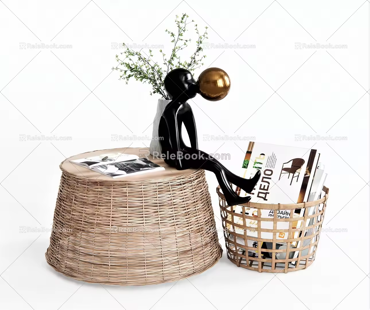 Nordic Coffee Table Side Table Corner Table Low Table Rattan Side Table Bamboo Side Table Vase Ornaments Bamboo Basket Bamboo Basket Dirty Clothes Basket 3d model