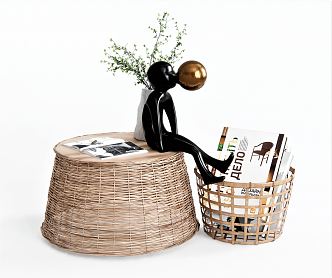 Nordic Coffee Table Side Table Corner Table Low Table Rattan Side Table Bamboo Side Table Vase Ornaments Bamboo Basket Bamboo Basket Dirty Clothes Basket 3d model