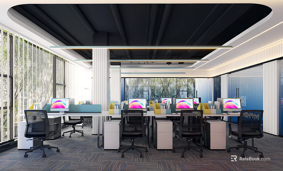 Modern Public Office Space With Multiple Workstations Computer Monitors And Natural Light 3d model