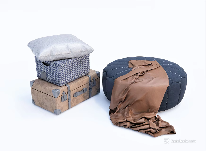 Wooden Trunk Blue White Checkered Box Gray Pillow Round Dark Blue Ottoman Brown Fabric 3d model 