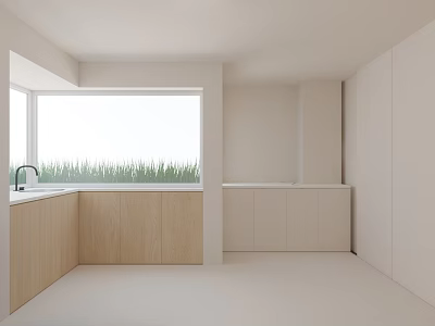 Bright Minimalist Apartment Kitchen With Wooden Cabinets White Countertops And Large Window 3d model