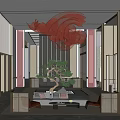 Modern Hotel Lobby With Red Artistic Chandelier Wooden Striped Walls And Green Plant Decoration