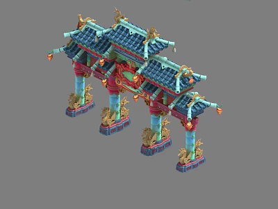Traditional Chinese Paifang 3D Model With Decorative Eaves Carved Columns And Colorful Roof 3d model