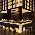 Stylish Japanese Restaurant Interior With Wooden Counter And Ambient Lighting