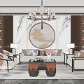 Elegant Living Room Interior With Chandelier Circular Decorative Painting Shelves Sofa Coffee Tables Armchairs