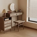 Wooden Dressing Table With Round Mirror Table Lamp Drawers And Stool By Window 3d model