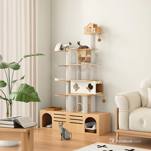 Wooden Multi Level Cat Tree With Cat House Platforms And Drawers For Home Decor 3d model 