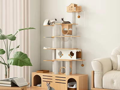 Wooden Multi Level Cat Tree With Cat House Platforms And Drawers For Home Decor 3d model