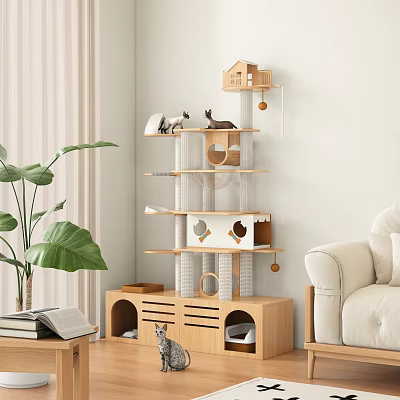 Wooden Multi Level Cat Tree With Cat House Platforms And Drawers For Home Decor 3d model